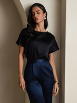 [Black] SilkSilky  Short Sleeve Boat Neck Women's T-Shirt 005