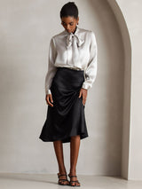 [Light Gray] SilkSilky  Long Sleeve Tie Neck Women's Blouse 007