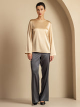 [Champagne] SilkSilky  Long Sleeve Boat Neck Women's Blouse 007