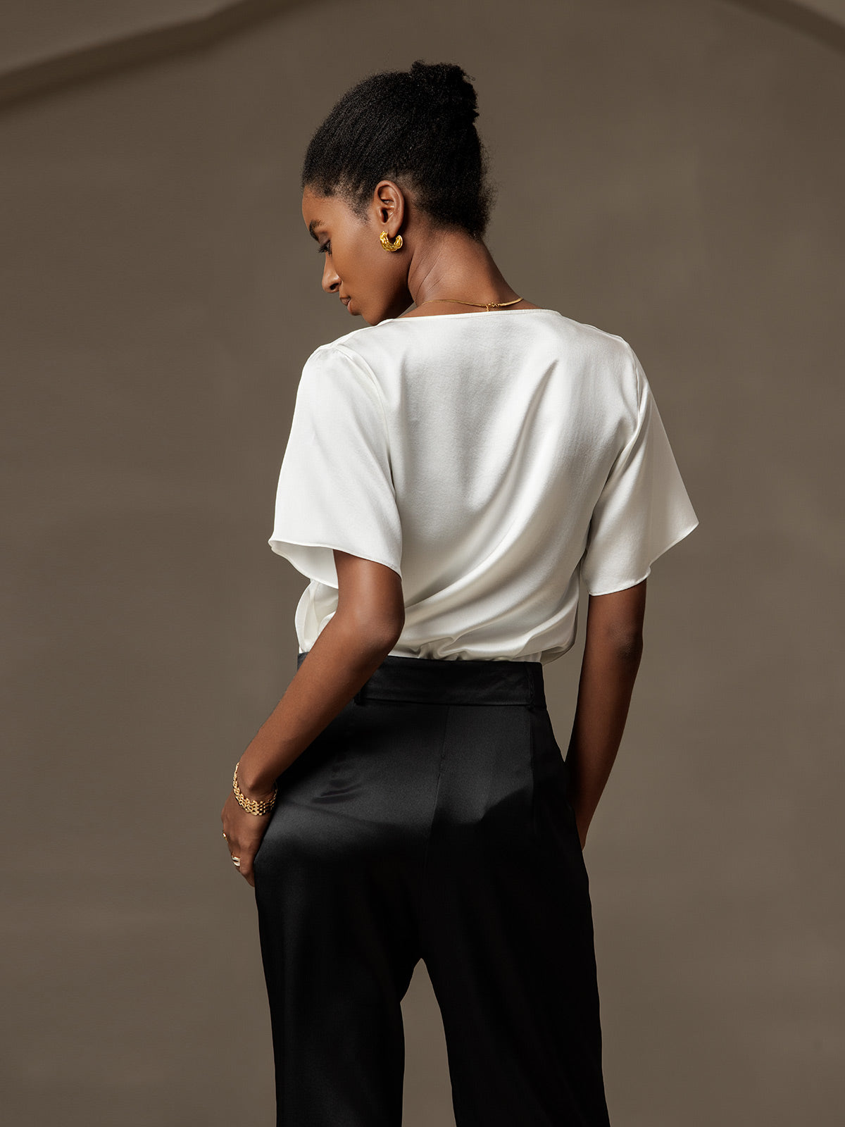 [White] SilkSilky  Short Sleeve Cowl Neck Women's Blouse 002
