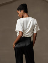 [White] SilkSilky  Short Sleeve Cowl Neck Women's Blouse 002