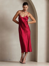 [Wine] SilkSilky  Spaghetti Strap V Neck Dress 003