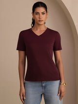 [Wine] SilkSilky  Short Sleeve V Neck Women's T-Shirt 003