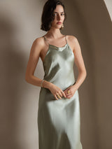 Light green silk spaghetti strap maxi dress with off-shoulder style and slim fit