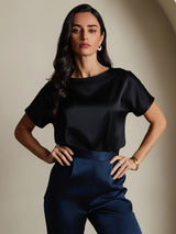 [Black] SilkSilky  Short Sleeve Boat Neck Women's T-Shirt 003