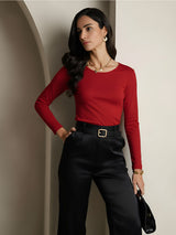 [Wine] SilkSilky  Long Sleeve Round Neck Women's T-Shirt 001