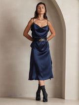 [Dark Blue] SilkSilky  Spaghetti Strap Cowl Neck Camisole Top 006