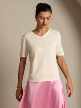 [Beige] SilkSilky  100% High-Twist Silk Jersey Short Sleeve V Neck Women's T-Shirt 005