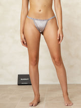 [Gray] Silver silk low-rise thong with lace trim on model 005
