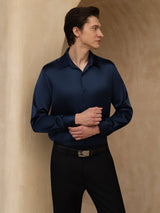[Dark Blue] SilkSilky  Long Sleeve Lapel Collar Men's Shirt 004