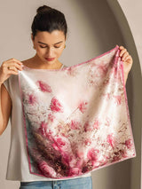Pink rose pattern 100% mulberry silk square scarf, 53x53cm