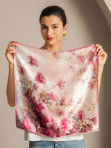 Pink rose pattern 100% mulberry silk square scarf, 53x53cm