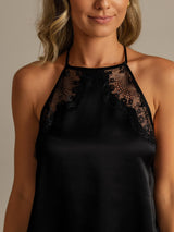 Black silk halter camisole with lace trim and sheer neckline