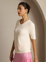 [Beige] SilkSilky  100% High-Twist Silk Jersey Short Sleeve V Neck Women's T-Shirt 006
