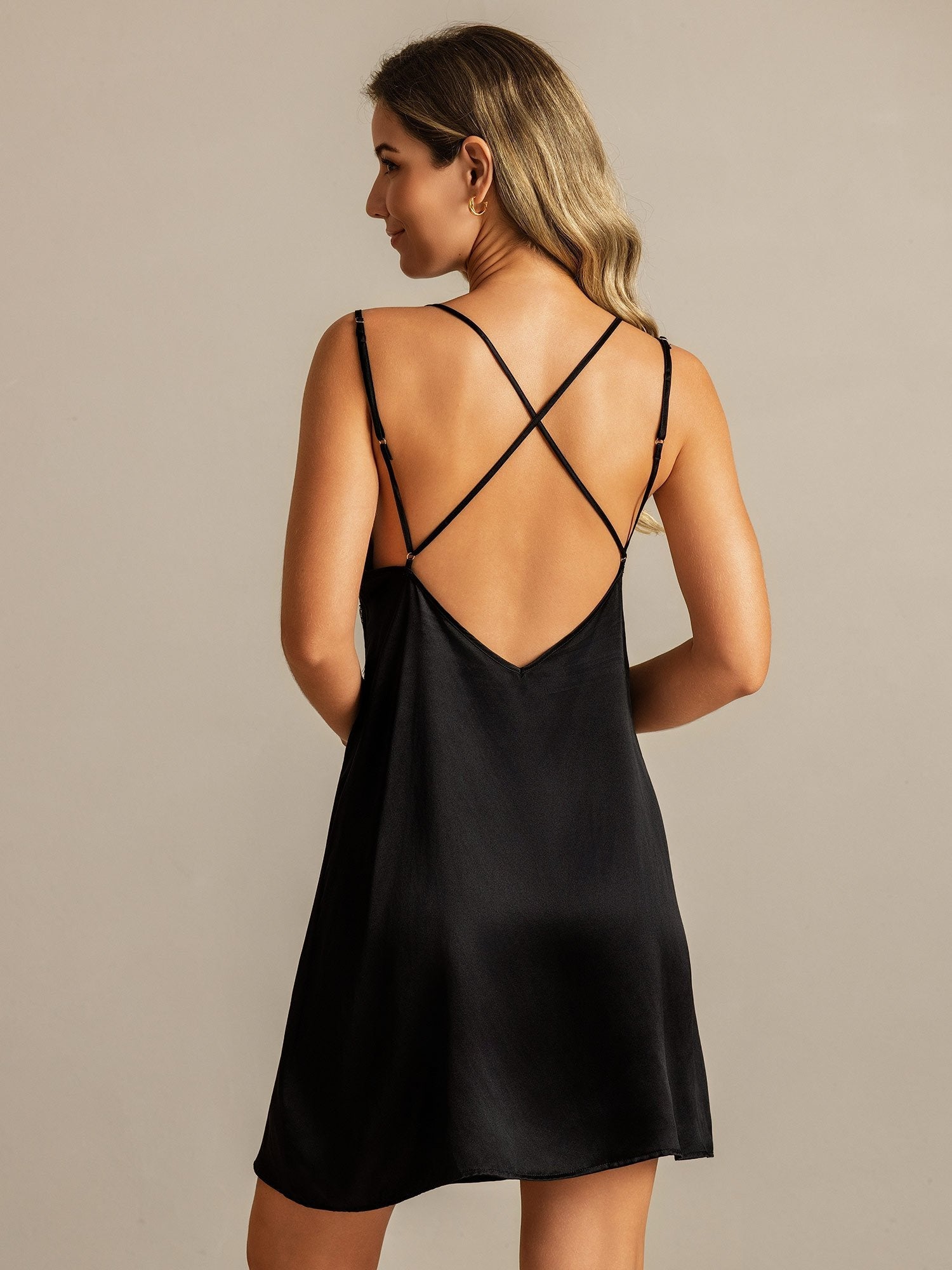 [Black] Black silk spaghetti strap lace V-neck backless short nightgown with crisscross straps 002