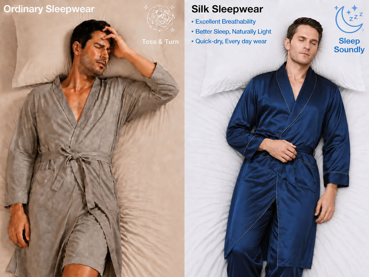 100% Mulberry Silk Contrast Piping Shawl Collar Men's Robe (Without Pants) - Detail 1