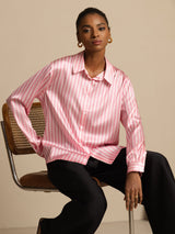 [Pink Stripe] SilkSilky  Long Sleeve Lapel Collar Women's Shirts 009