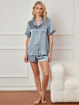 [Steel Blue] SilkSilky  Short Sleeve Lapel Collar Women's Pajamas 003