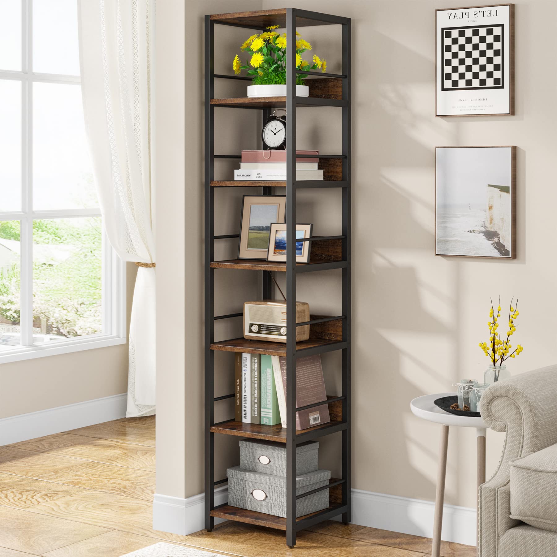 Tribesigns 6-Tier Corner Shelf, 75 Inch Tall Narrow Bookshelf Storage Rack, Etagere Shelves Display Stand For Small Spaces, Rustic Open Bookcase Square Shelf Tower For Living Room Bathroom