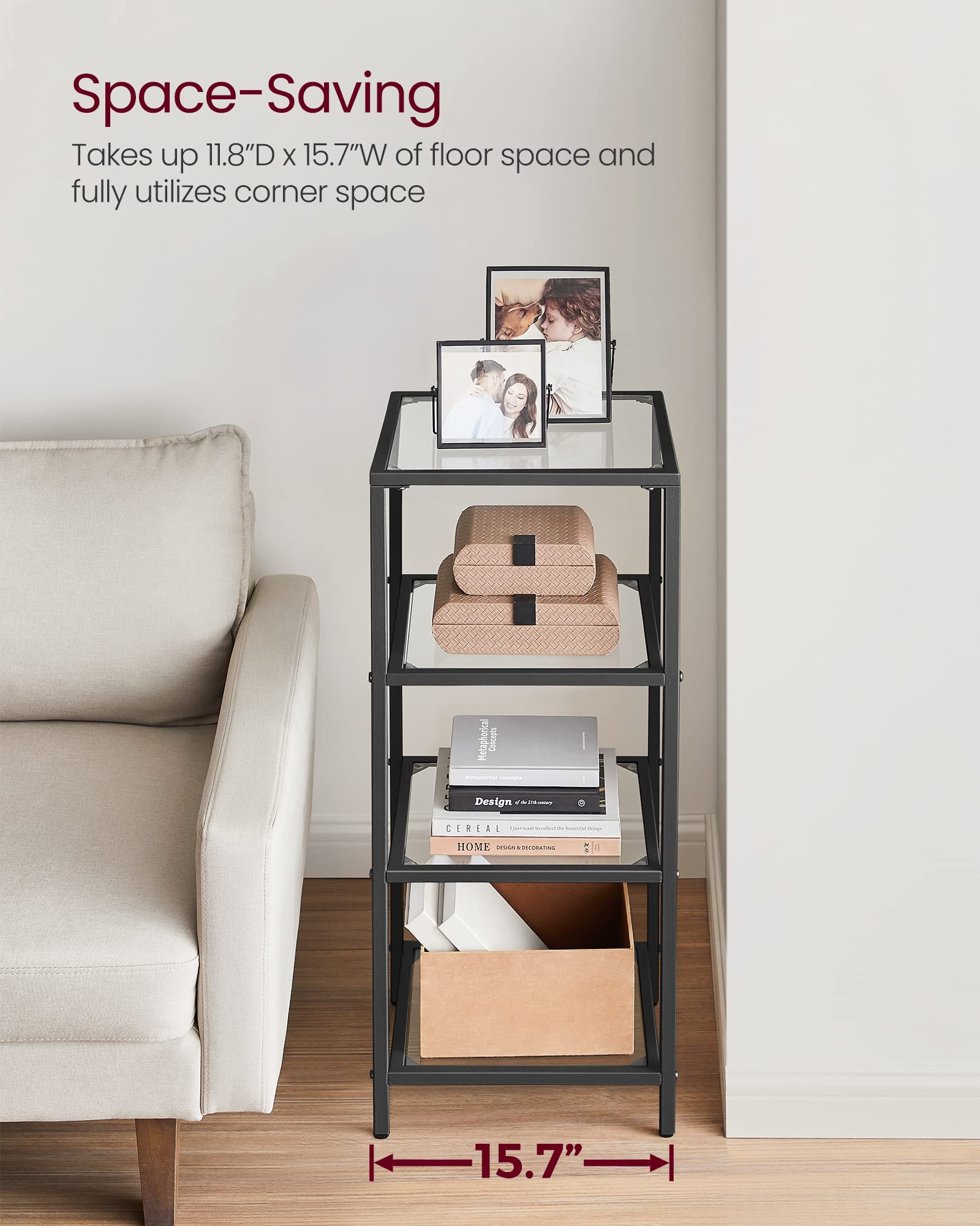 Vasagle Bookcase, 4-Tier Bookshelf, Slim Shelving Unit For Bedroom, Bathroom, Home Office, Tempered Glass, Steel Frame, Black Ulgt028B61