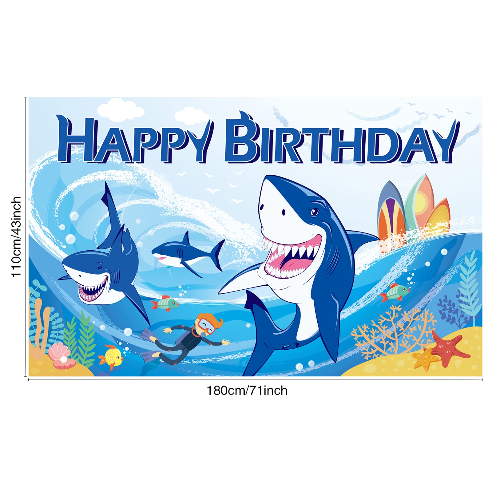 launuo Shark Birthday Backdrop Banner Blue 71 x 43 Inches