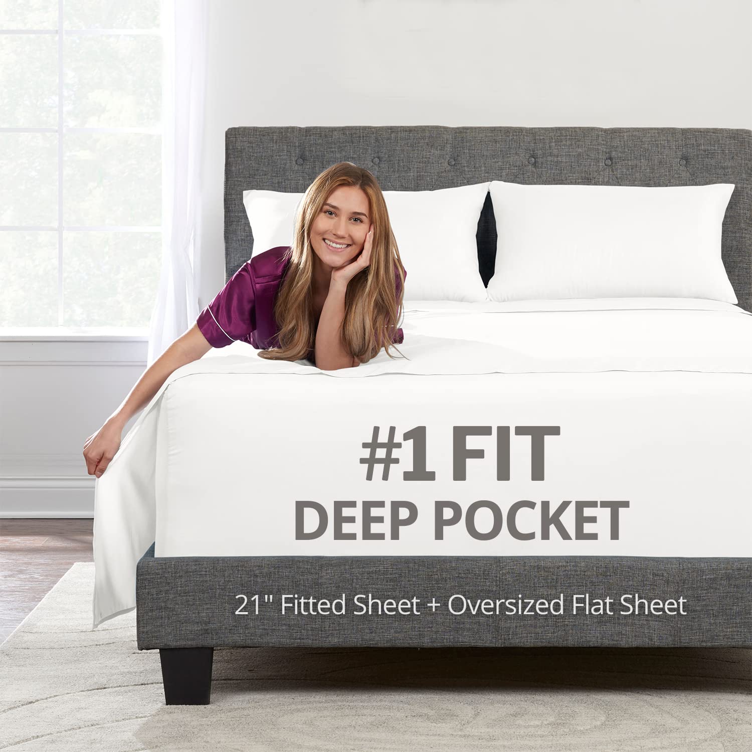 Deep Pocket Queen Sheet Sets - 21    Inch 4 Piece Queen Sheets Deep Pocket Sheets - Oversize Flat Sheet, Fitted Sheet & 2 Zipper
