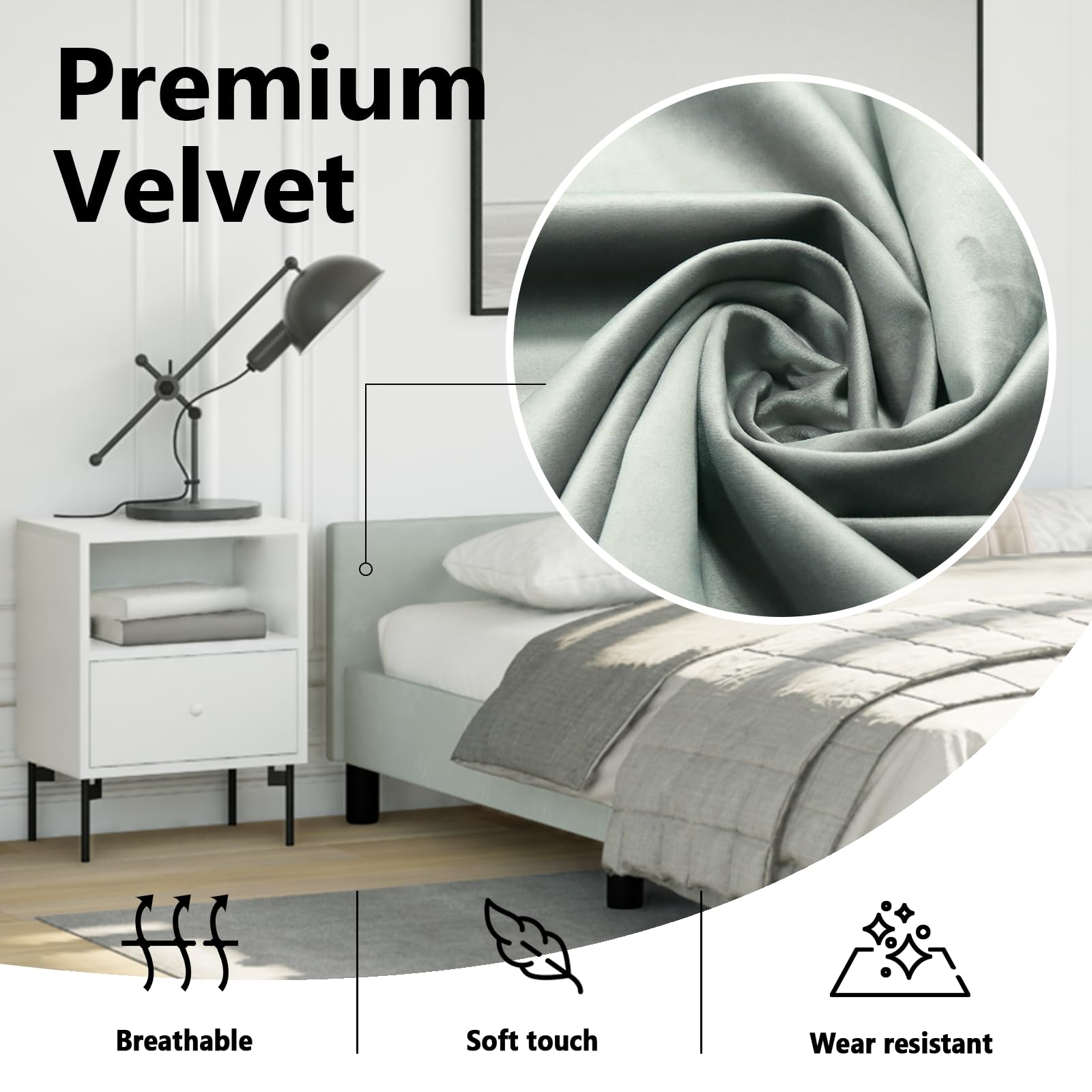 vidaXL Velvet Bed Frame Platform Bed, Scandinavian Style/Slats Support/No Box Spring Needed/Without Mattress/Easy Assembly, Light Grey Queen Bed