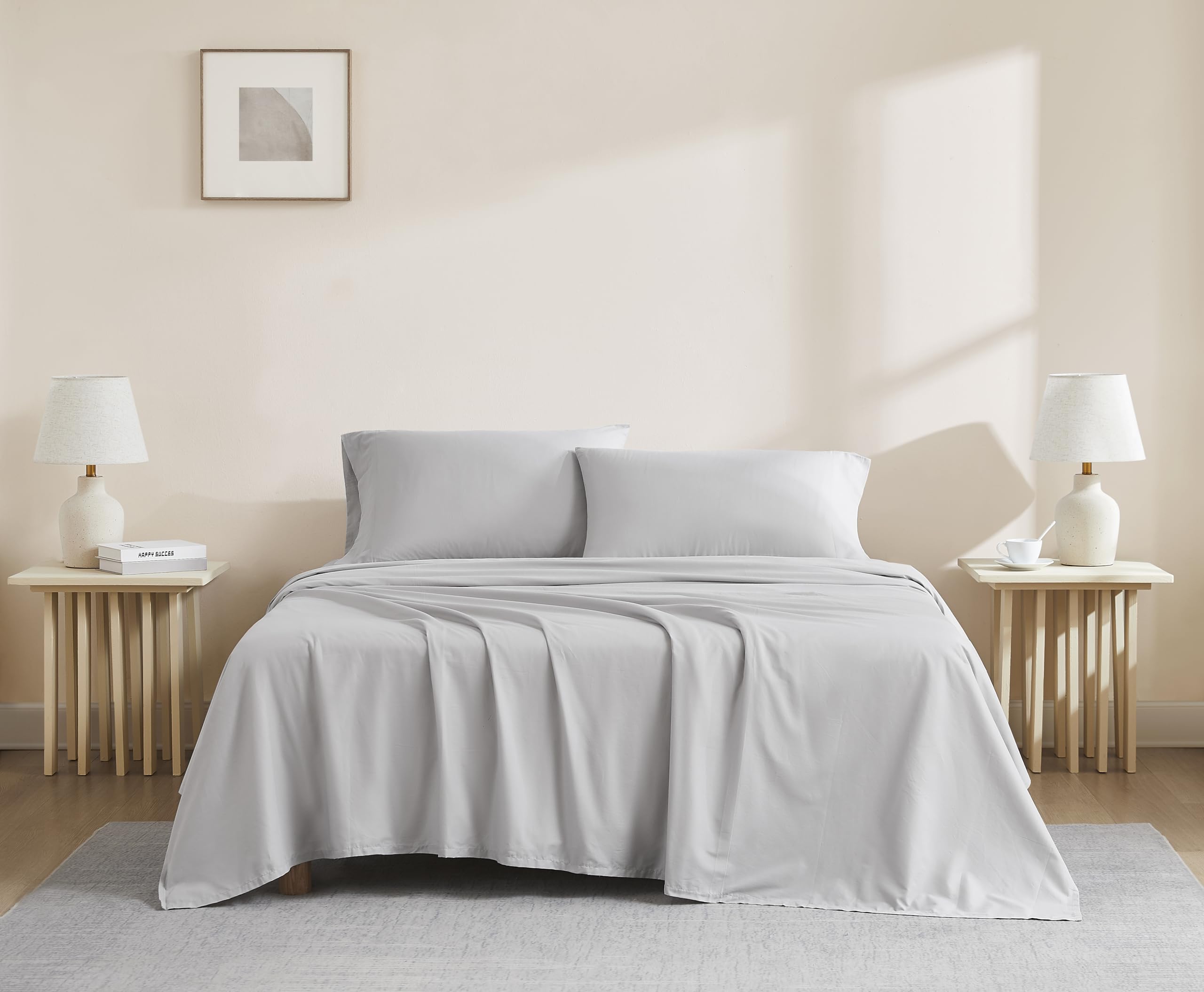 Linen Closet Luxury Cotton 144 Thread Count Organic Cotton 4-Piece Sheet Set, King, Light Grey