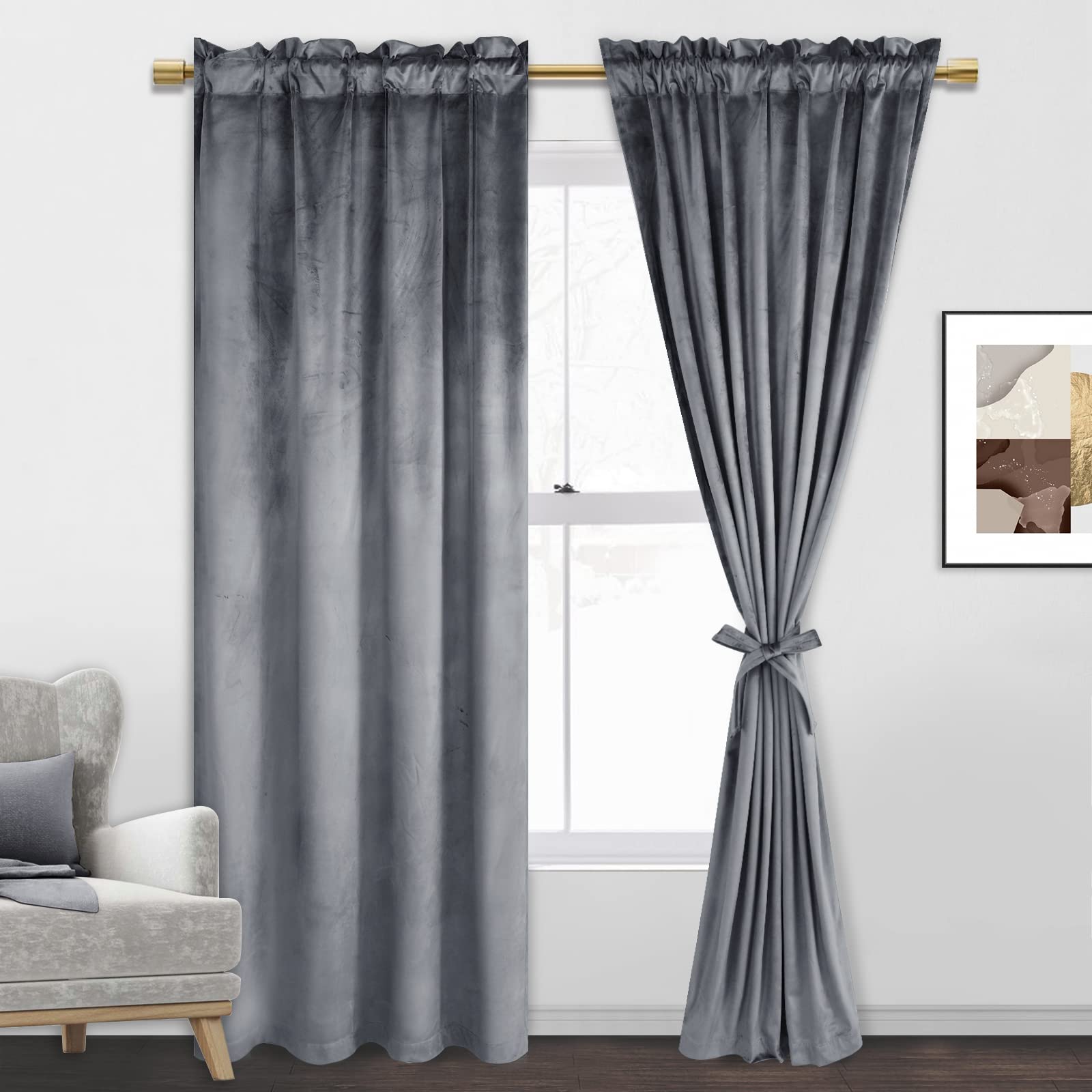 Jiuzhen Grey Blackout Velvet Curtains 84 Inches For Living Room Thermal Insulated Room Darkening Grey Curtains Thick Velvet Wind