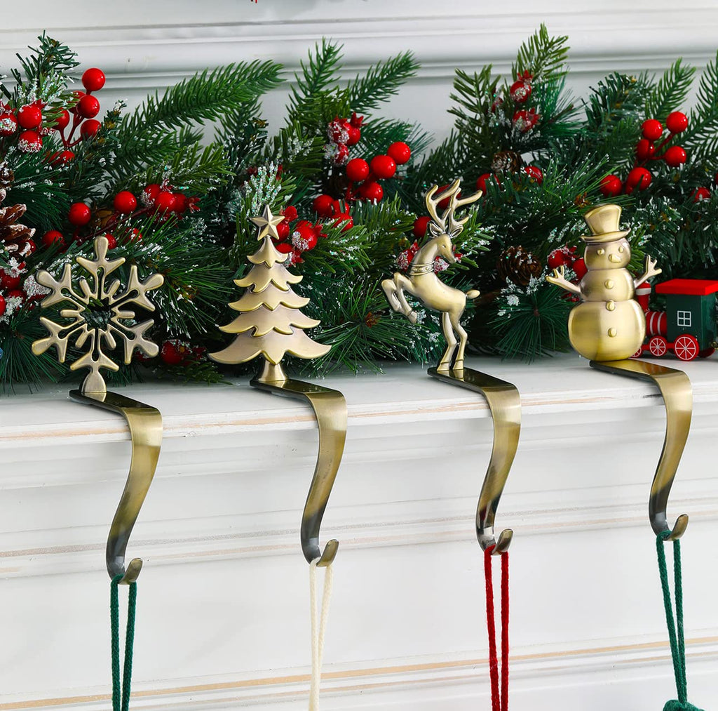 NIGHT-GRING Christmas Stocking Holder - Set of 4 Stocking Hangers Snowman Santa Snowflakes Christmas Tree Deer Christmas Stockin