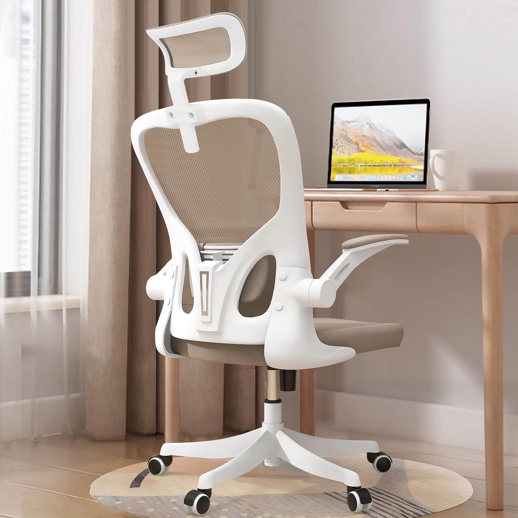 Monhey Office Chairs, Ergonomic Office Chair, Computer Chair With Adjustable Headrest, Lumbar Support, 2D Flip-Up Armrest, Khaki