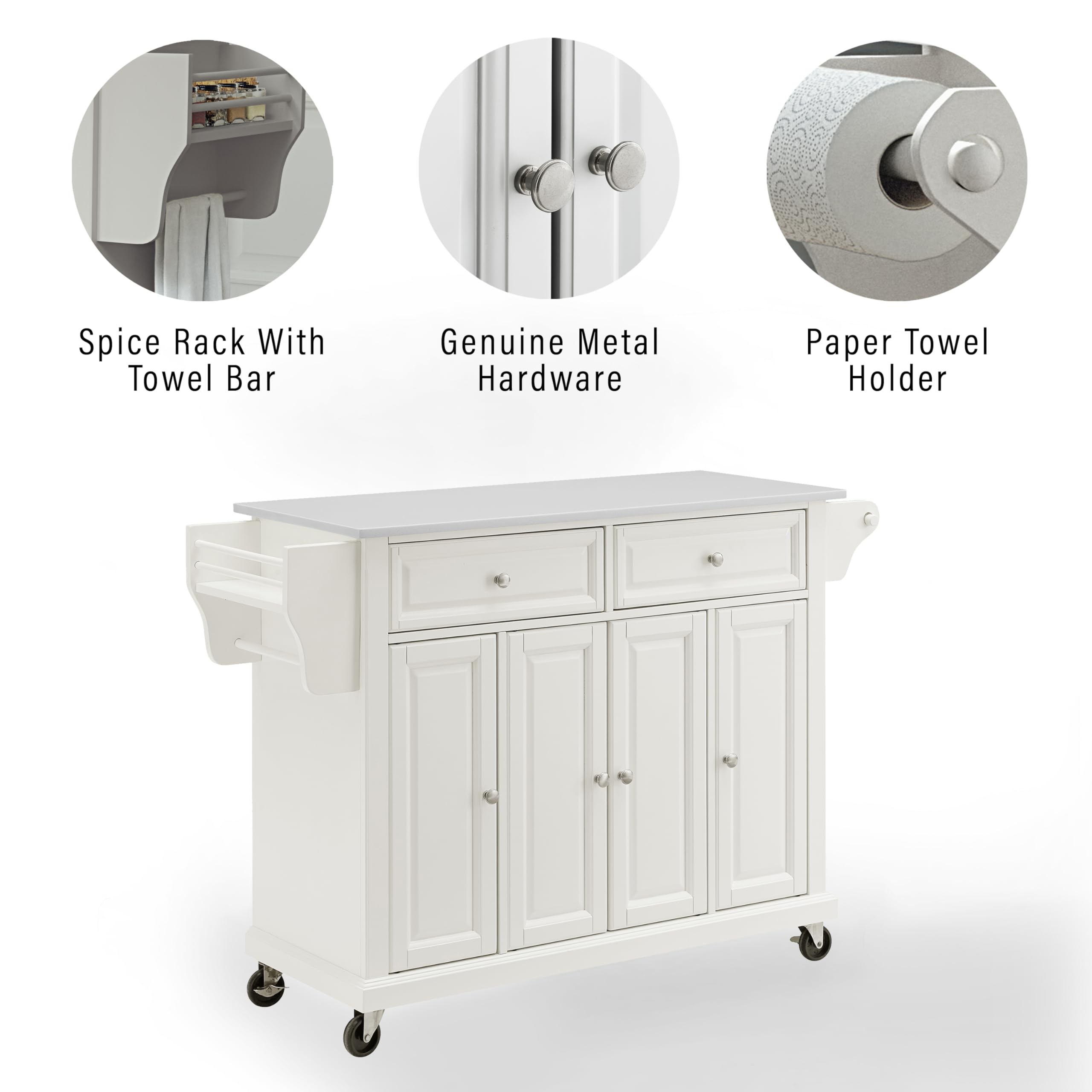 Crosley Furniture Full Size Rolling Kitchen Island Cart, White, Stone Top, Model KF30005EWH