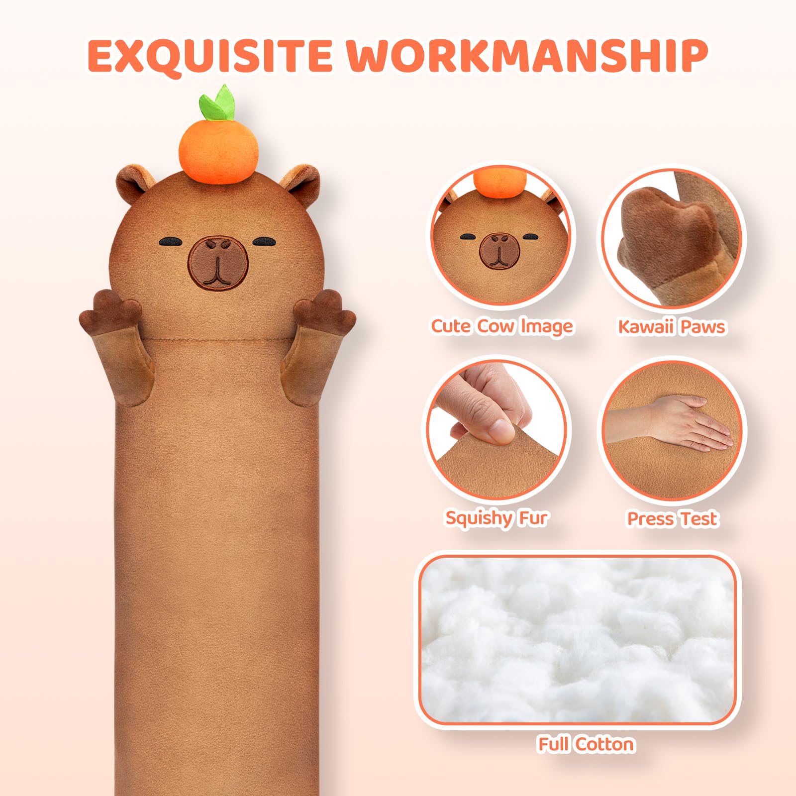 Mewaii Capybara Long Body Pillow Plush Polyester 20 Inch