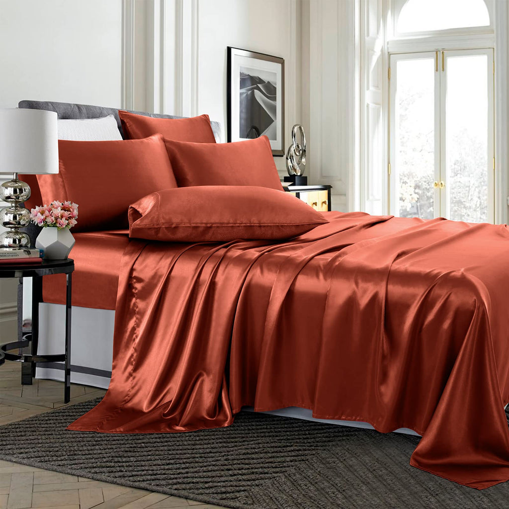 TREELY 6 Piece Satin Sheets Queen Size Silky Smooth Orange Rust Satin Sheet Set with Deep Pocket, Satin Fitted Sheet, Flat Sheet
