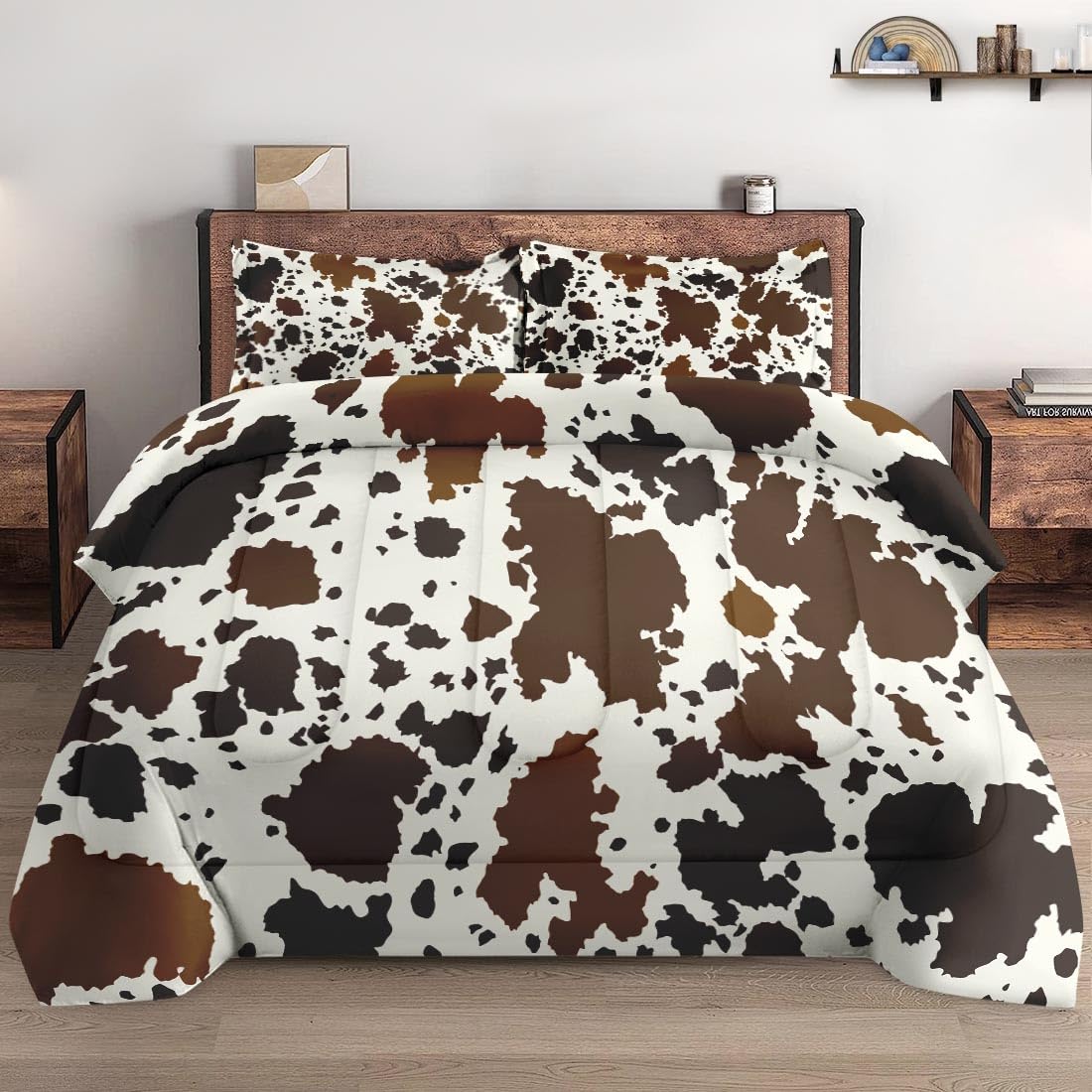 Wecozy 3 Pcs Queen Size Comforter Set With 2 Pillowcases, Vintage Cow Brown Cowhide Animal Soft Bedding Set For Kids And Adults