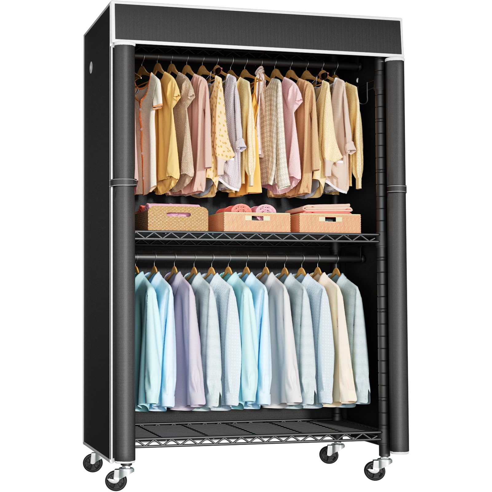FUTASSI Clothing Rack with Cover, P1C Rolling Closet Rack with Wheels, Metal Garment Rack for Hanging Clothes, Clothing Storage 