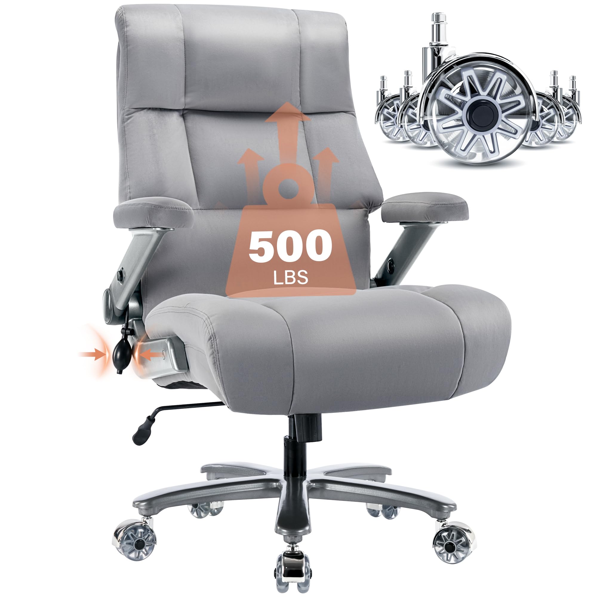 Big And Tall Office Chair 500Lbs- Fabric Executive Desk Chair With Adjustable Lumbar Support 3D Flip Up Arms- Heavy Duty Quiet W