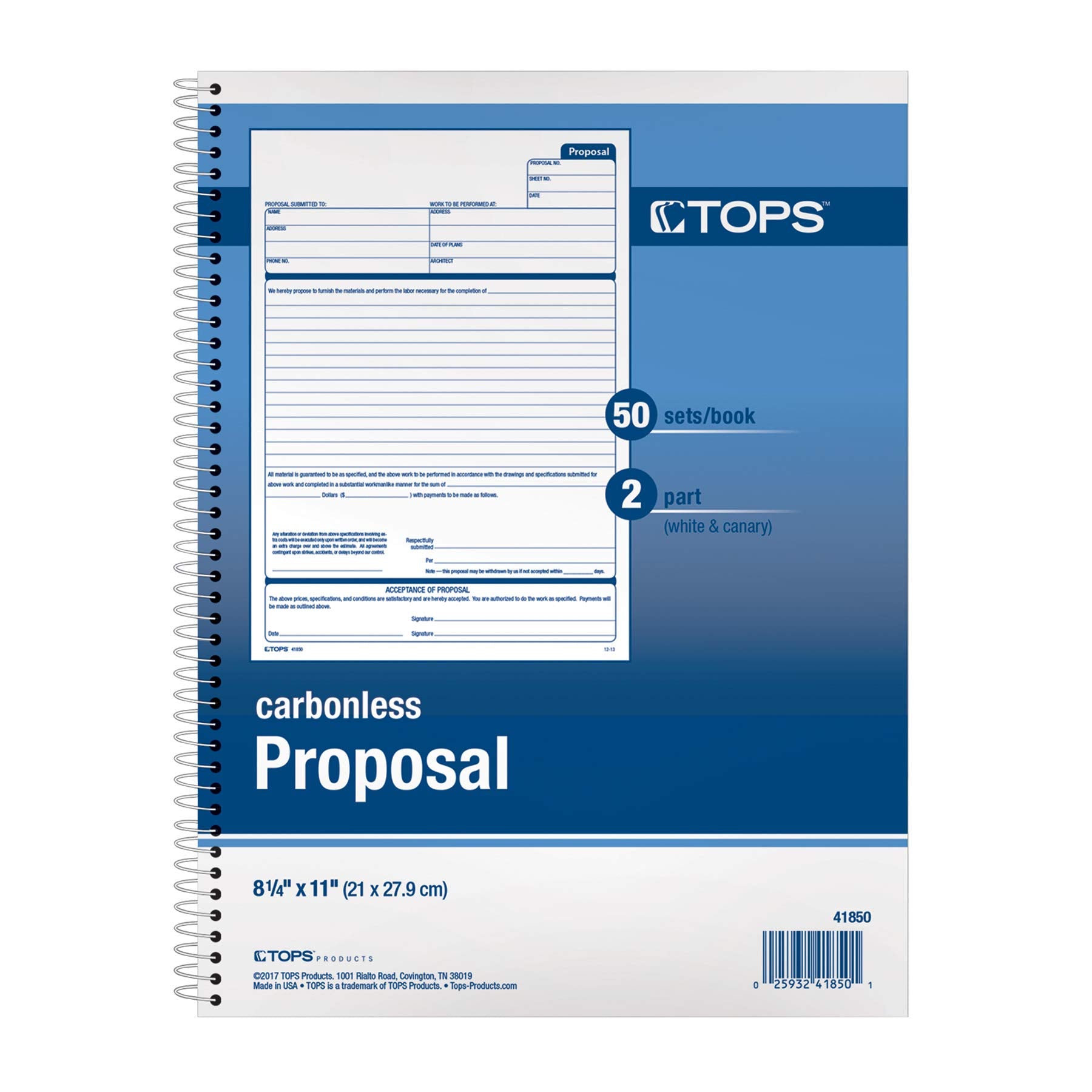 Tops Proposal Books, 2-Part, Carbonless, Spiral-Bound, 50 Sets, (41850)