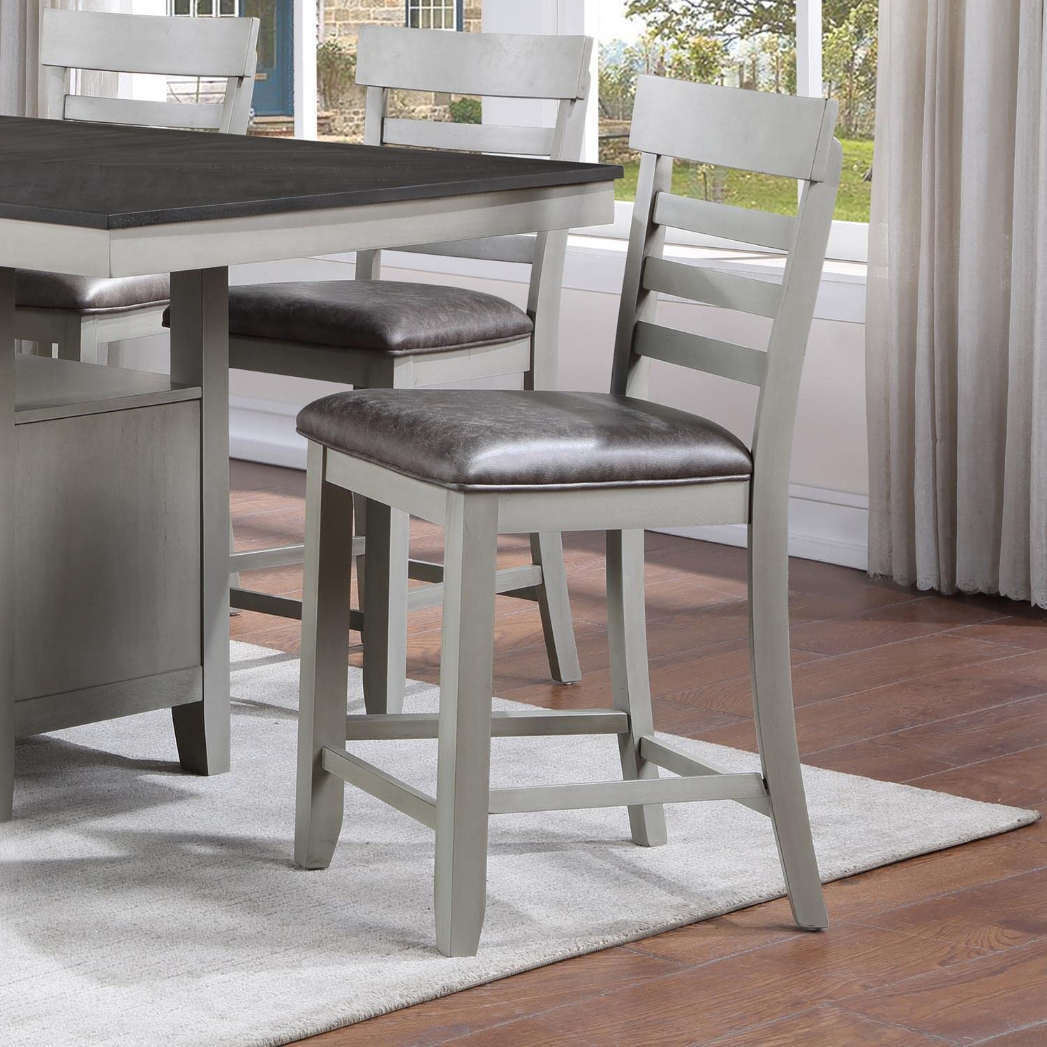 Steve Silver Furniture Hyland 7pc Rectangular Dining Set, 60 to 80-Inch Table w/ 6 Vegan Leather Upholstered Counter Chairs, Dining Room, Storage Shelf, 60" L x 42" W x 36" H, Grey