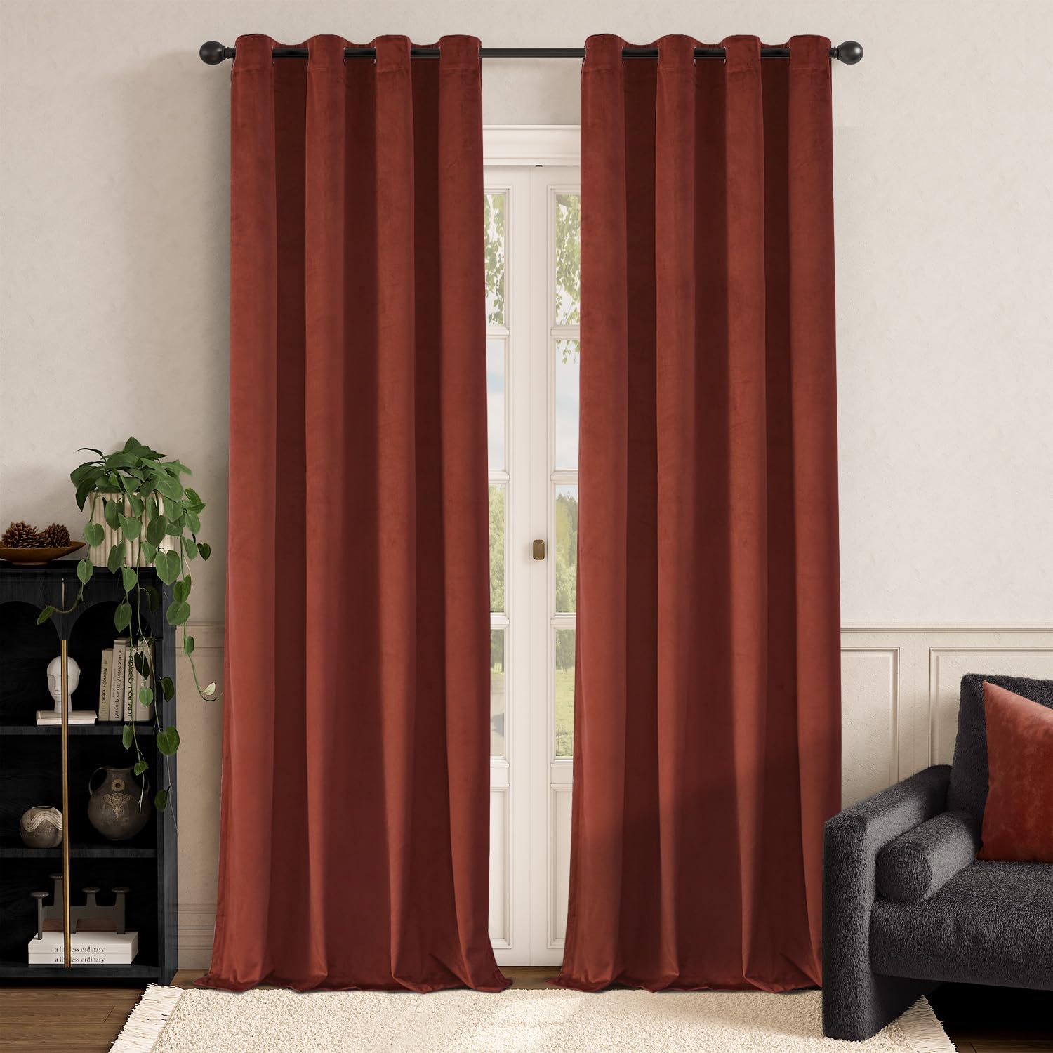 Lazzzy Orange Velvet Curtains Room Darkening Thermal Insulated Curtains 108 Inch Length Window Drapes For Bedroom Living Room Super Soft Luxury Grommetwindow Treatment 2 Panels, Rust Red