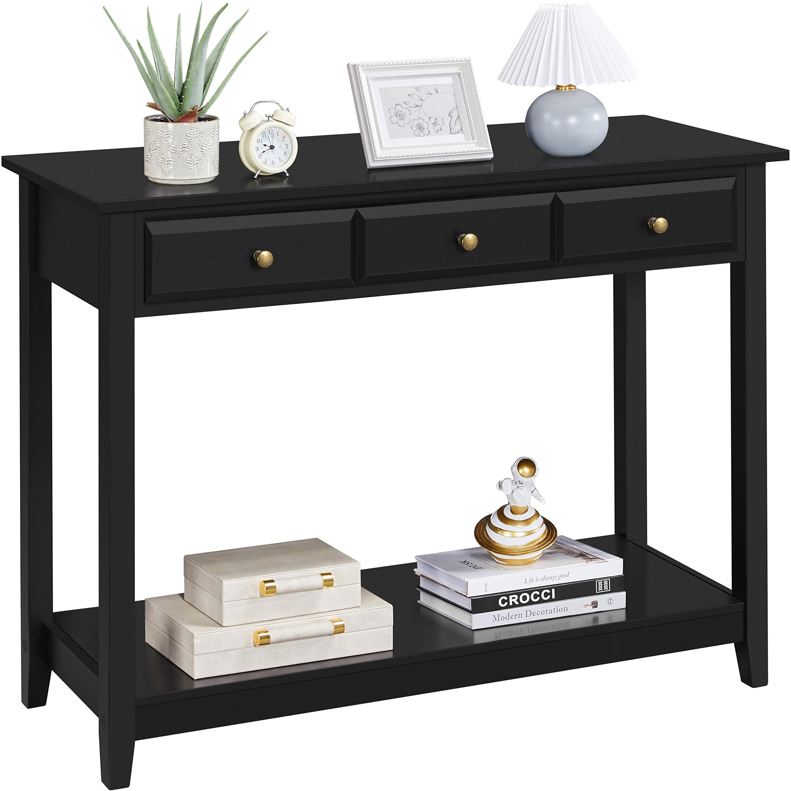 Yaheetech Console Table With 3 Drawers, Wood Entryway Table With Storage Shelf, Sofa Tables Narrow Long For Living Room, Entryway, Hallway, Foyer, Black