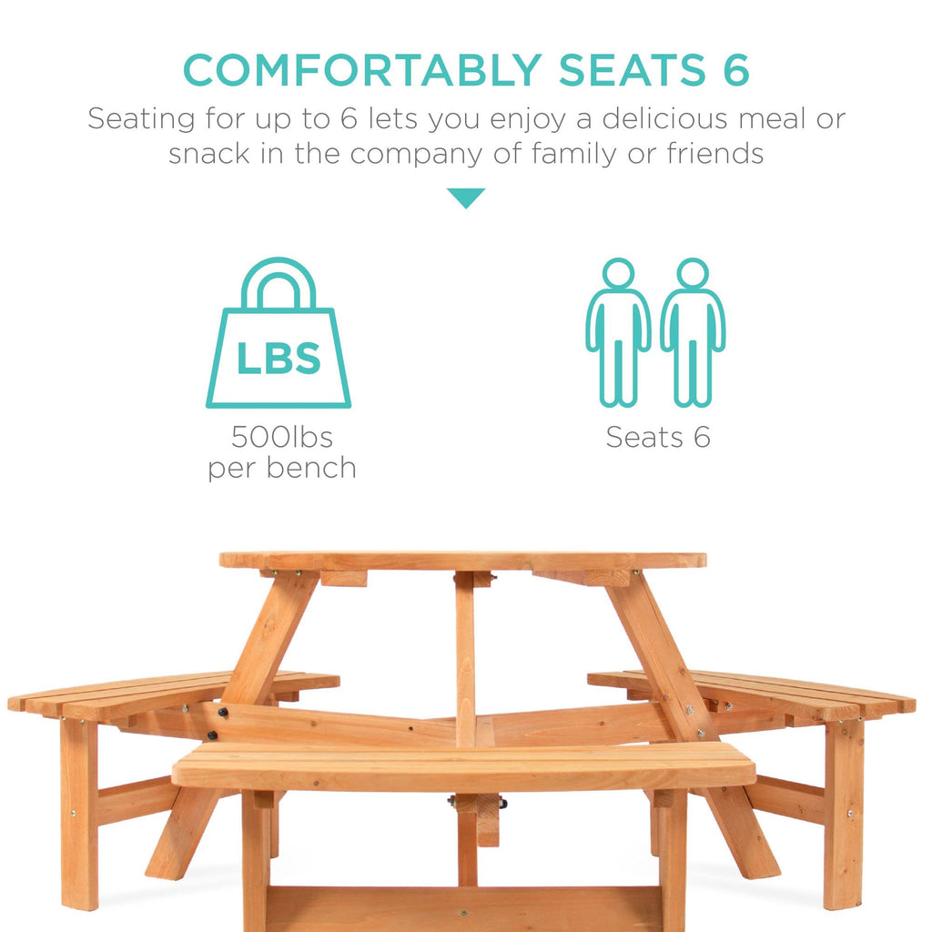 Best Choice Products 6-Person Circular Outdoor Wooden Picnic Table For Patio, Backyard, Garden, Diy W/ 3 Built-In Benches, 500Lb Capacity - Natural