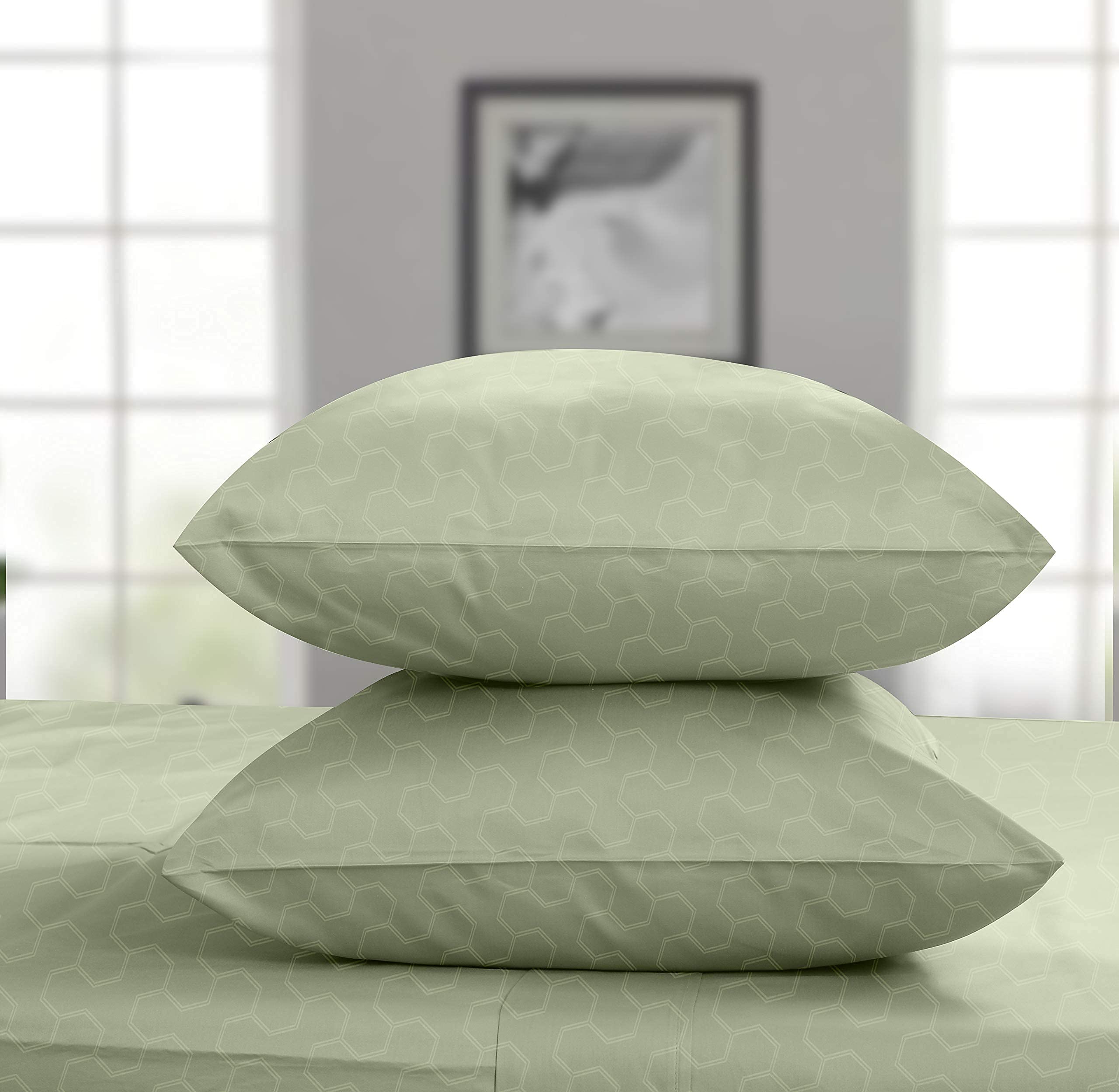 Threadmill 500 Thread Count Full Size 4 Pc Luxury Cotton Sheet Set, Jacquard Floria Sage Green, Silky Smooth Sheets With 16'' El