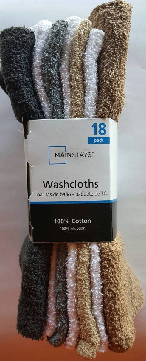Mainstays Assorted Multicolor Cotton Terry Thin Washcloths 11" x 11" 18 Pack