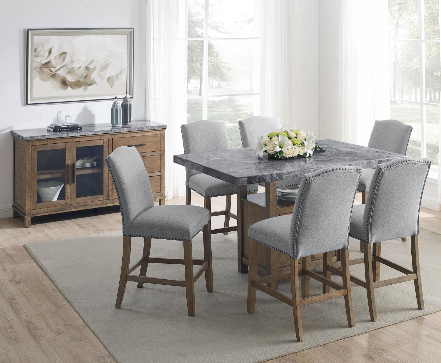 Steve Silver Furniture Grayson Gray Marble Counter Dining Table, 60-Inch Table, Seats up to 6 (Table Only), Dining Room, Kitchen, 60" L x 40" W x 36" H, Grey