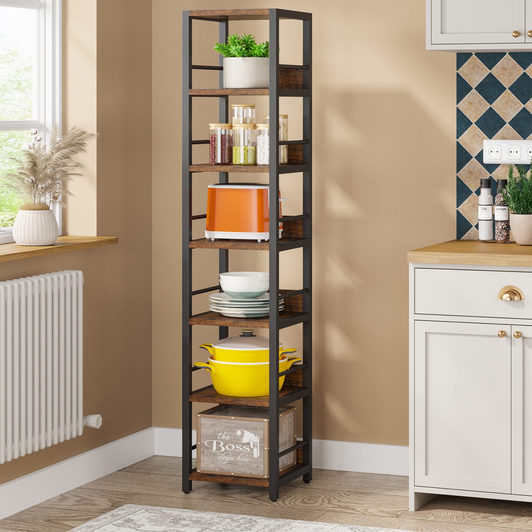 Tribesigns 6-Tier Corner Shelf, 75" Rustic Brown Engineered Wood Bookshelf for Small Spaces, Model JW0403