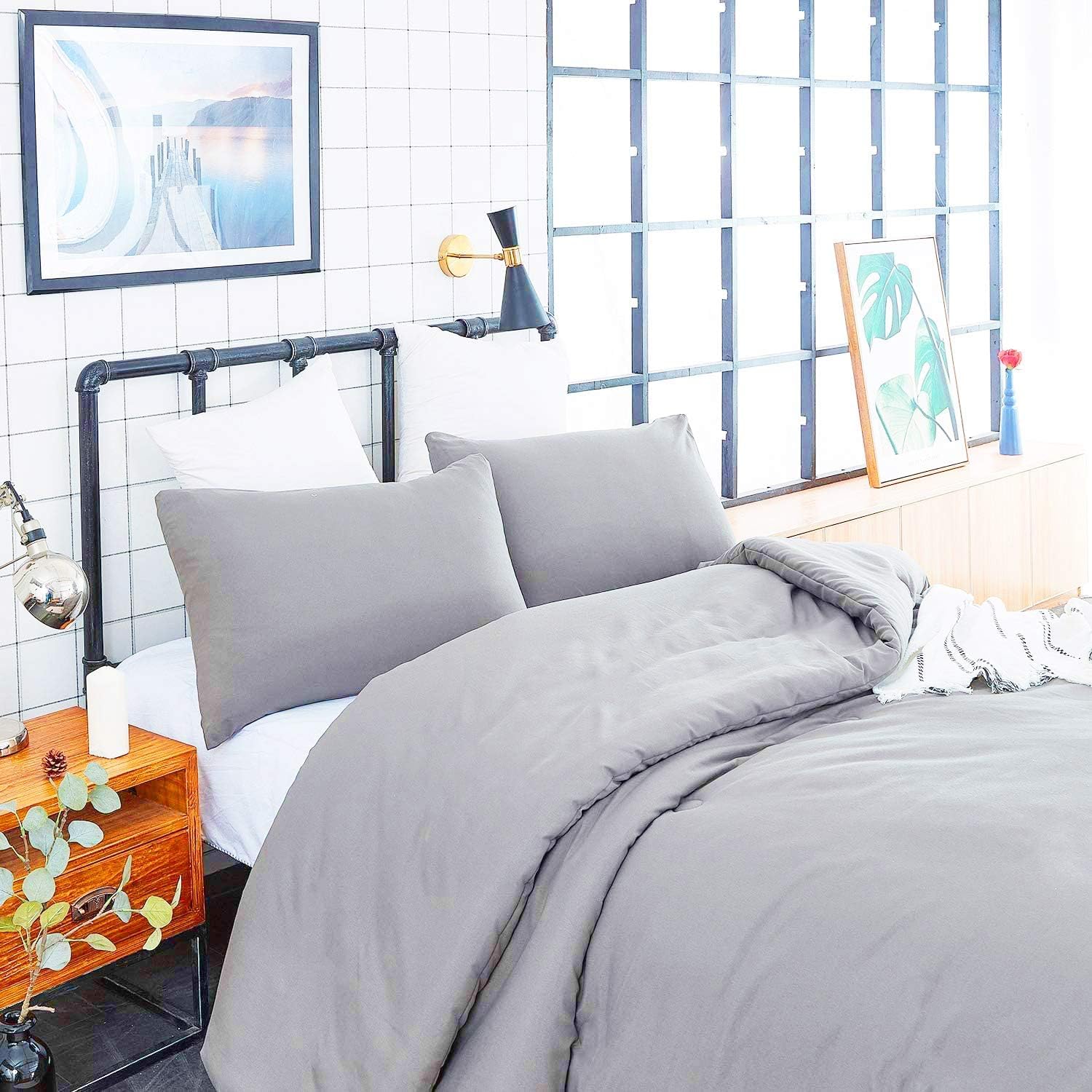 Houseri Bedding Set, Silver Grey Comforter Set, Cal King, 3 Pcs Including Comforter & Pillow Shams, Modern, Breathable Cotton, M