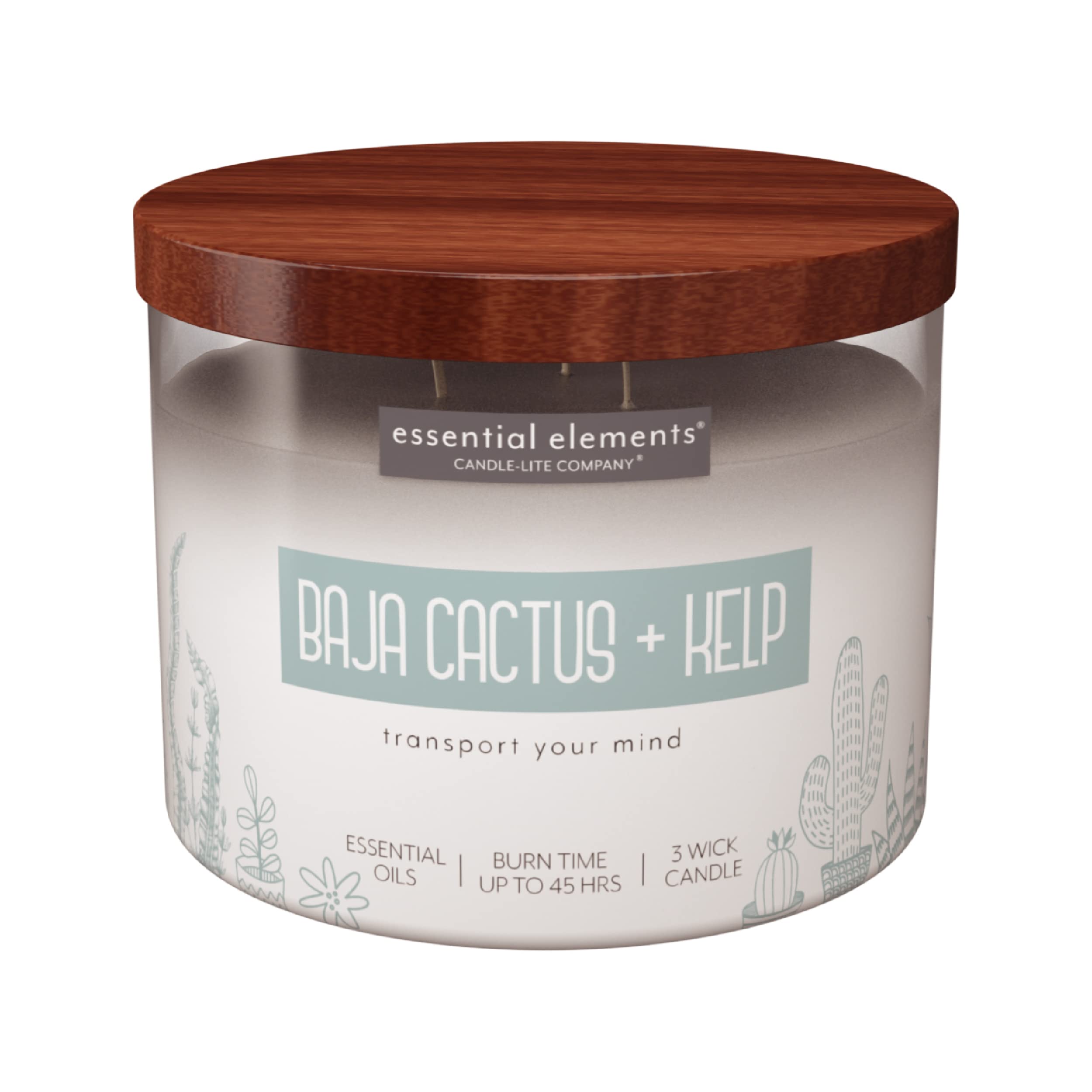Essential Elements by Candle-lite Scented Candles, Baja Cactus & Kelp Fragrance, One 14.75 oz. Three-Wick Aromatherapy Candle wi