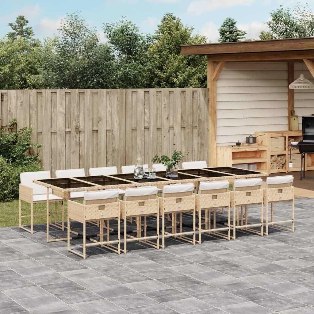 vidaXL - 13 Piece Patio Dining Set with Cushions - Beige Poly Rattan/Table & Chairs - Tempered Glass Top - Folding Backrest - 129.9"x41.7"x28.7" Table - Thick Padded Washable Cushions - Outdoor...