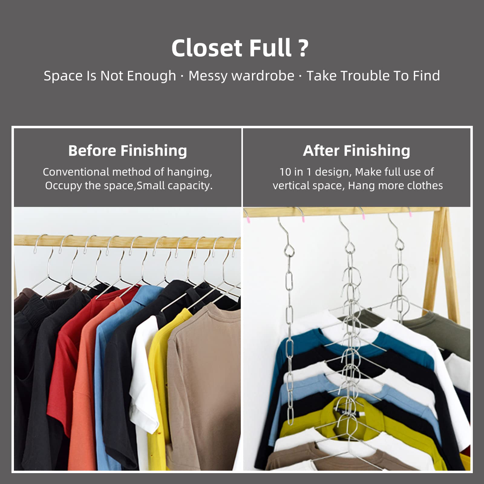 [Pack Of 4Pcs] Waikas Storage Hanger Stainless Steel For Cloth,Ten-Ring Tiered Storage, Saves 9 Times Space, Bedroom Closet Orga